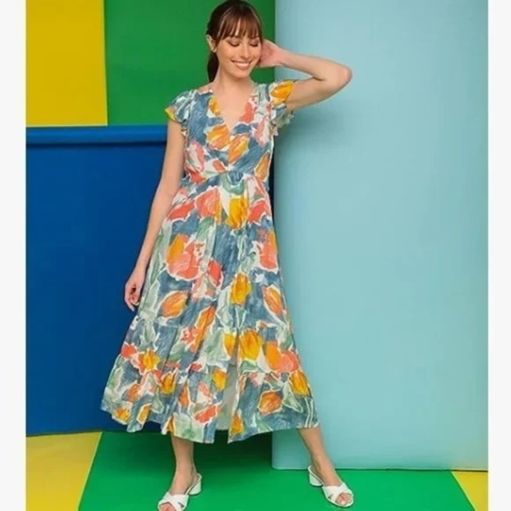 London‎ Times Floral V-Neck Tiered Midi Dress Watercolor Blue Orange Metallic
